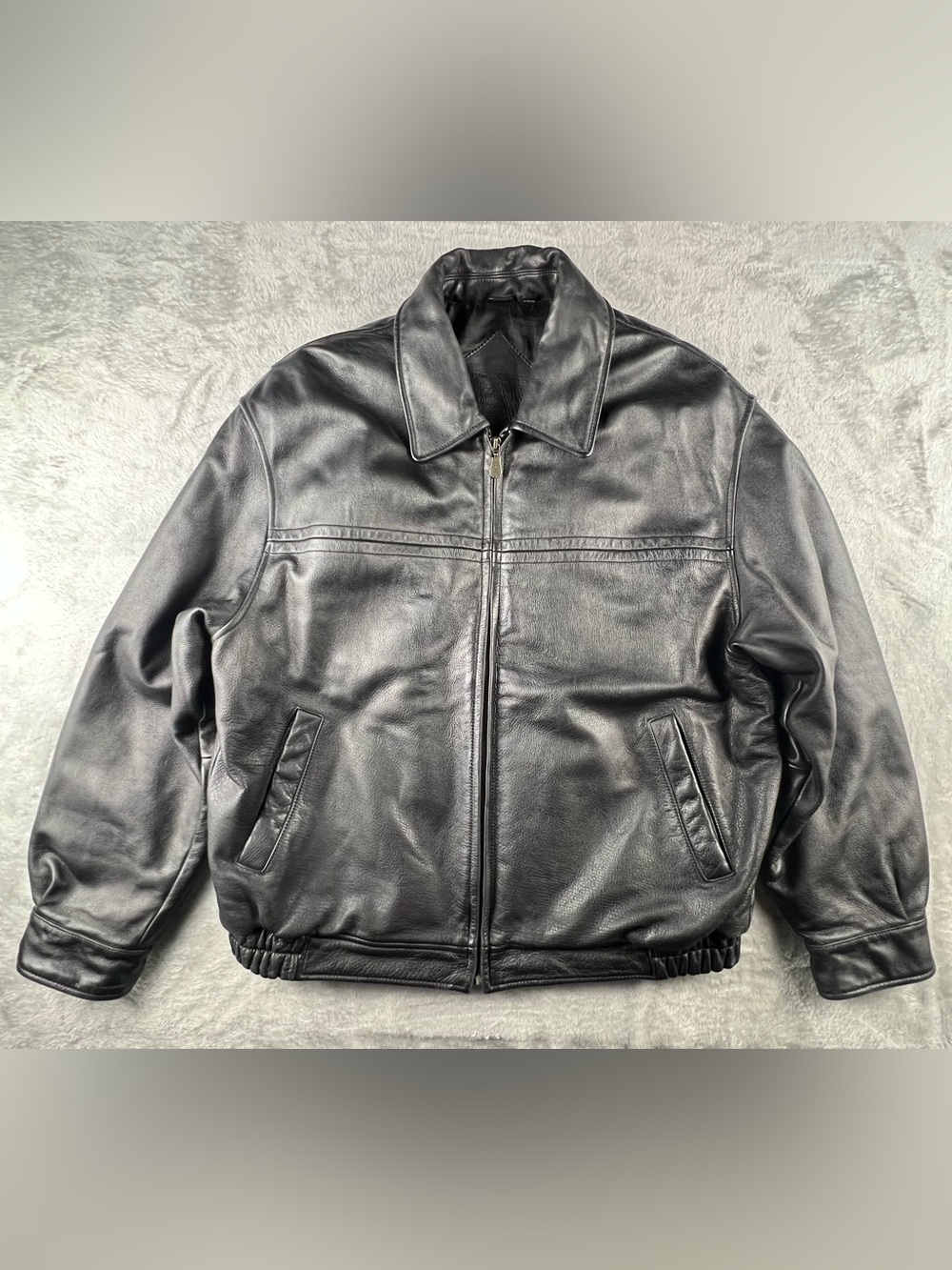 Roundtree & Yorke Jacket Black Leather Zip Front Pockets Lined Size L